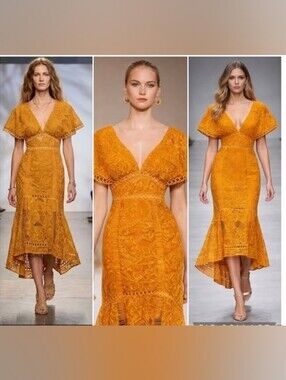 NWT ASOS Vibrant Mustard Lace V-Neck Midi Dress